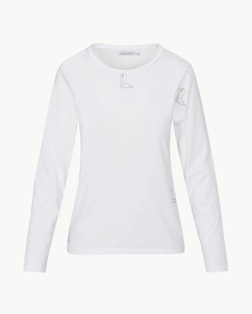 EMBROIDERED BOOT LONG SLEEVE COTTON T-SHIRT IN WHITE - Romi Boutique