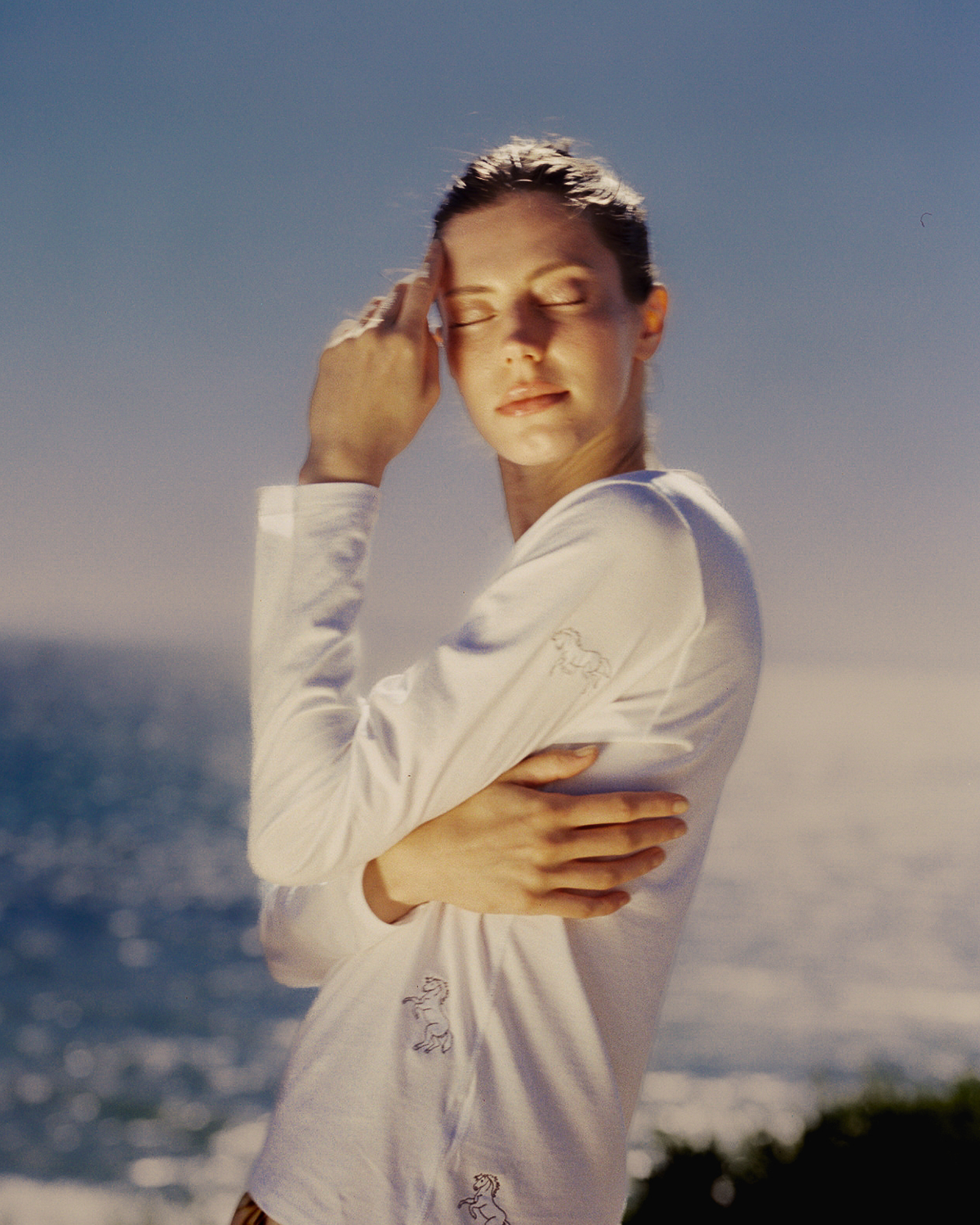 EMBROIDERED HORSE LONG SLEEVE COTTON T-SHIRT IN WHITE - Romi Boutique