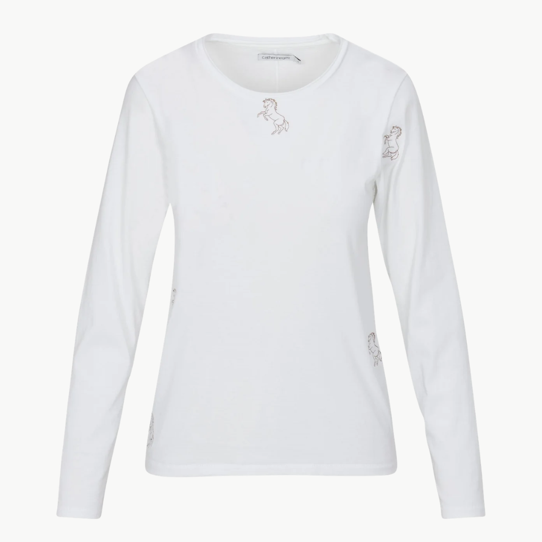 EMBROIDERED HORSE LONG SLEEVE COTTON T-SHIRT IN WHITE - Romi Boutique