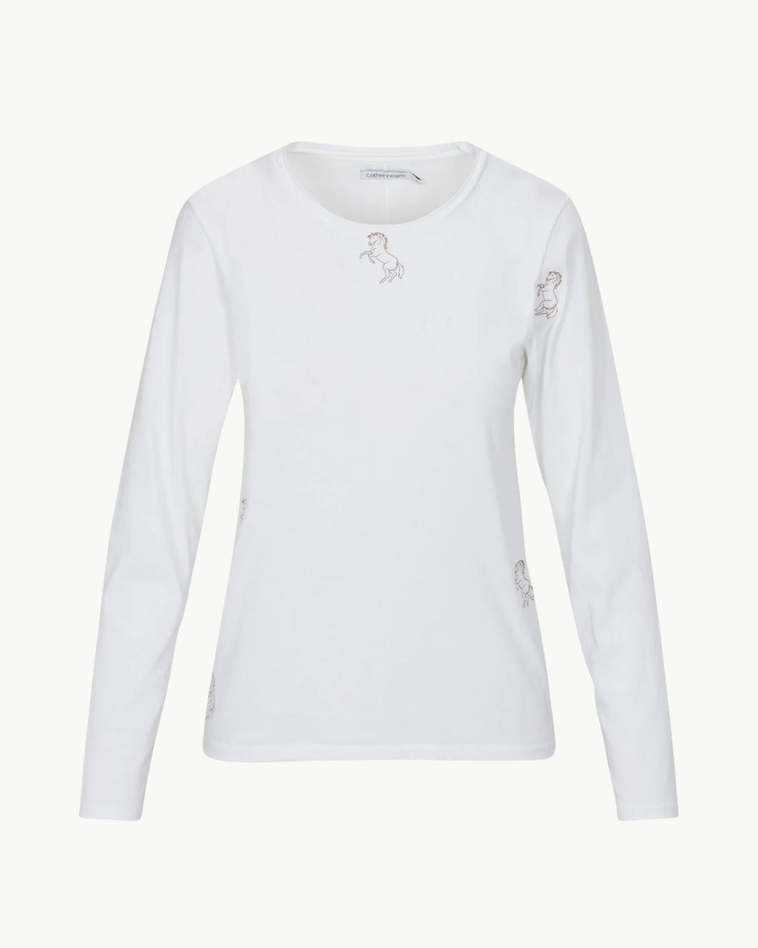 EMBROIDERED HORSE LONG SLEEVE COTTON T-SHIRT IN WHITE - Romi Boutique