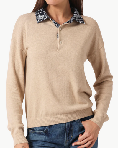 COTTON CASHMERE WOVEN BANDANA COLLAR PULLOVER IN BROWN SUGAR - Romi Boutique
