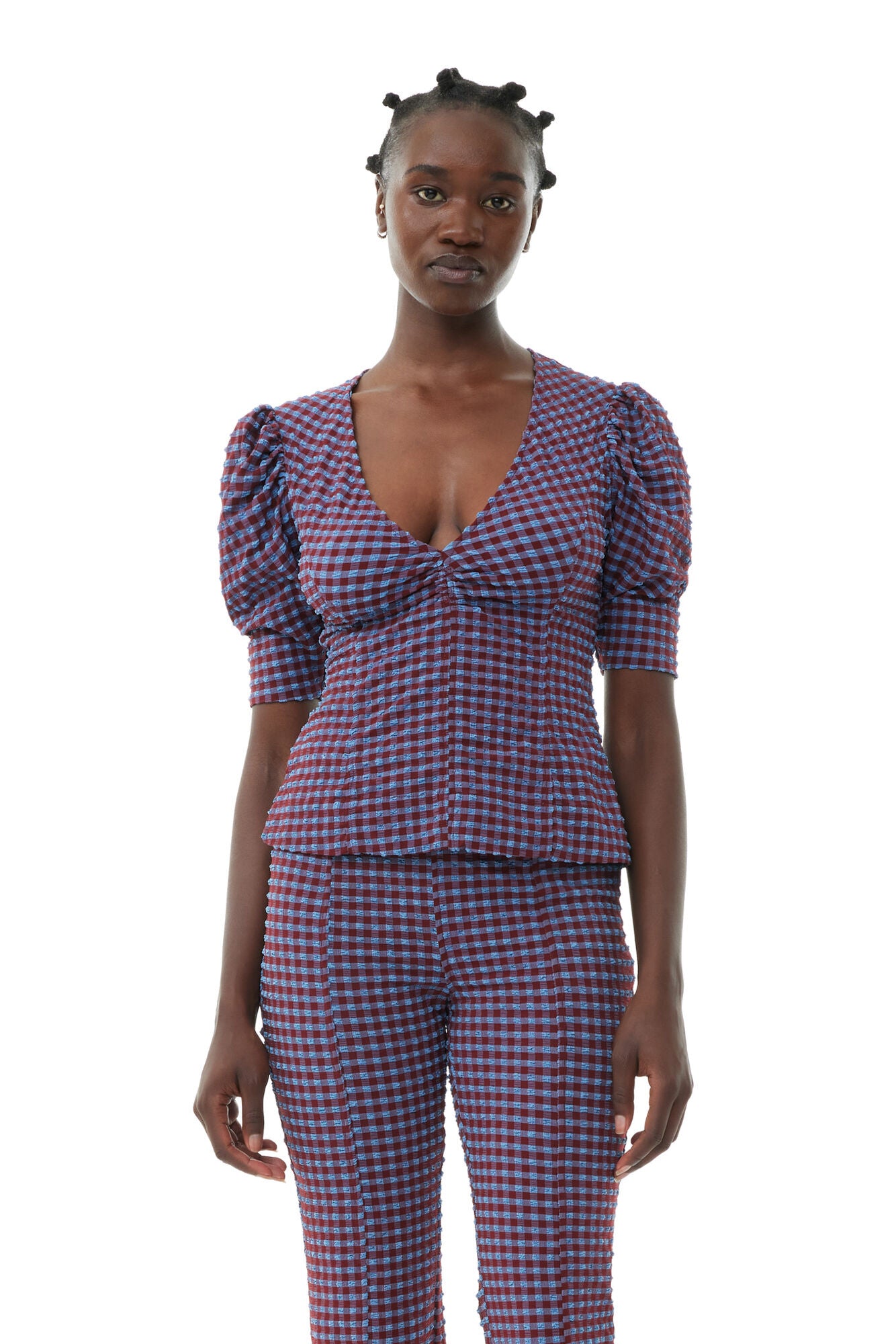 CHECKERED SEERSUCKER V-NECK BLOUSE IN RACING RED - Romi Boutique