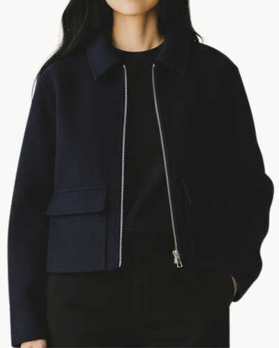 KALLEN ZIP-UP SHORT JACKET IN NAVY - Romi Boutique