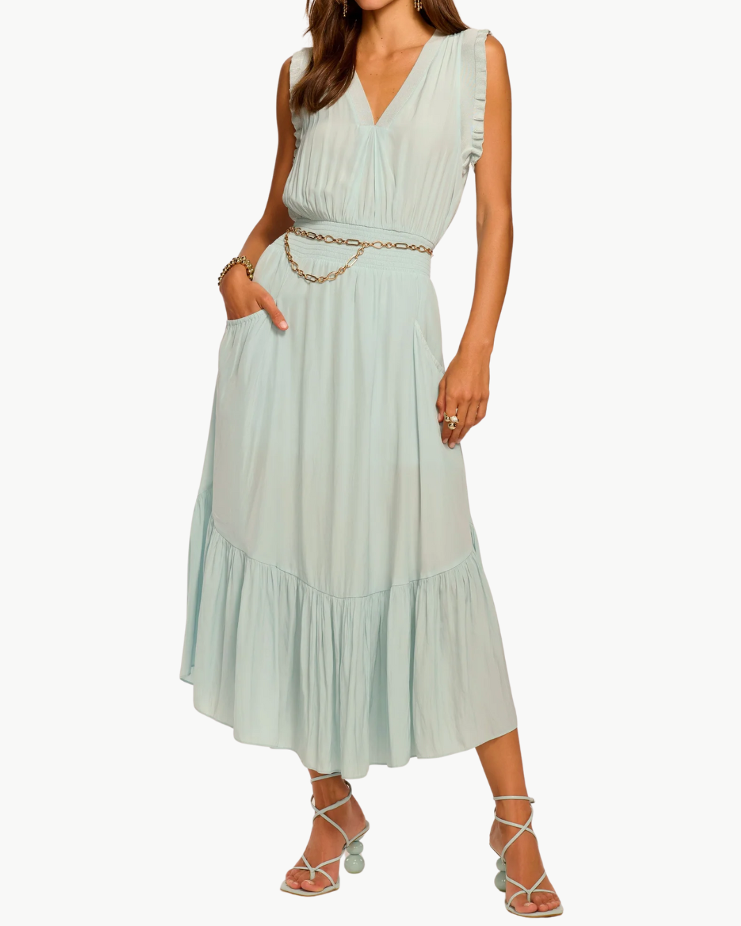 COCO SMOCKED SLEEVELESS DRESS IN MOONSTONE BLUE - Romi Boutique