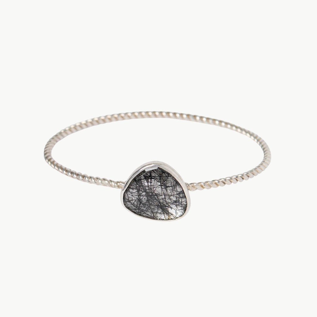 SILVER BEZEL BANGLE IN BLACK RUTILATED QUARTZ - Romi Boutique