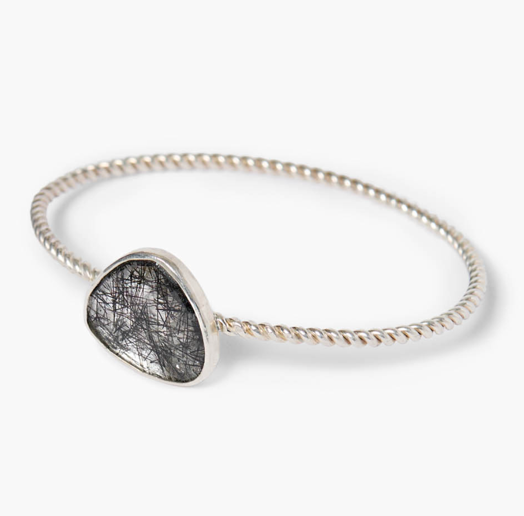 SILVER BEZEL BANGLE IN BLACK RUTILATED QUARTZ - Romi Boutique