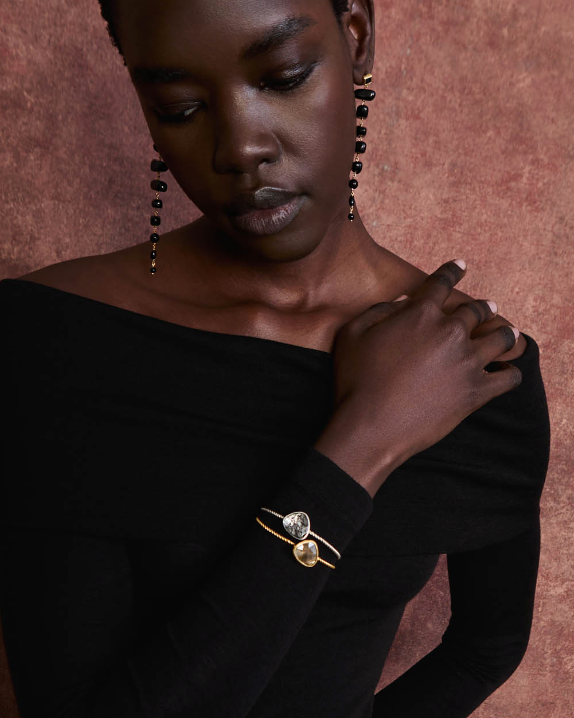 GOLD BEZEL BANGLE IN LABRADORITE - Romi Boutique