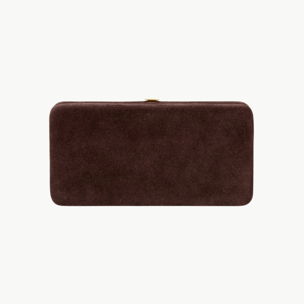 A dark brown rectangular clutch bag with a textured suede-like finish and a small gold-tone metal clasp at the top, shown against a plain white background.