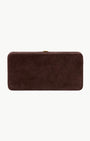 A dark brown rectangular clutch bag with a textured suede-like finish and a small gold-tone metal clasp at the top, shown against a plain white background.
