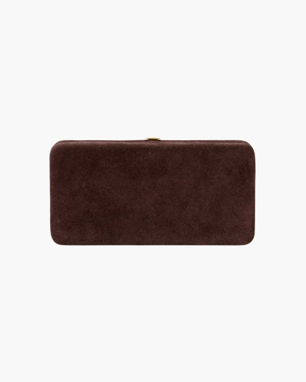 A dark brown rectangular clutch bag with a textured suede-like finish and a small gold-tone metal clasp at the top, shown against a plain white background.