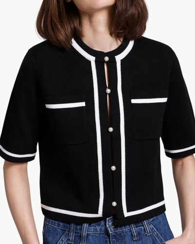 SHORT SLEEVE TIPPED CROPPED JACKET IN BLACK/WHITE - Romi Boutique