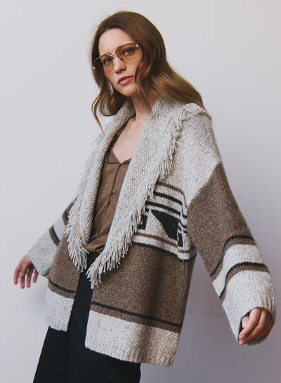 SOUTHWEST FRINGED SHAWL COLLAR THROW IN BROWNIE NEUTRAL COMBO - Romi Boutique