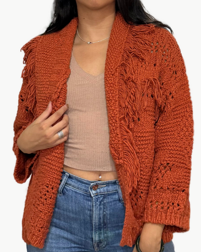 SOUTHWEST FRINGED SHAWL COLLAR THROW IN PERSIMMON - Romi Boutique