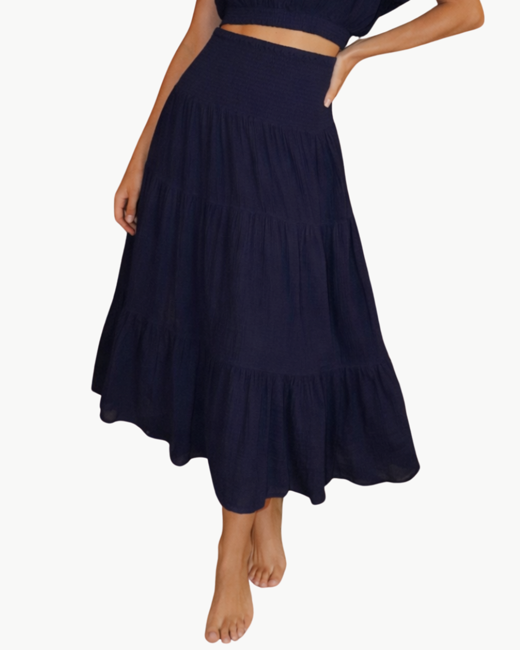 SMOCKED MAXI SKIRT GAUZE IN NAVY - Romi Boutique