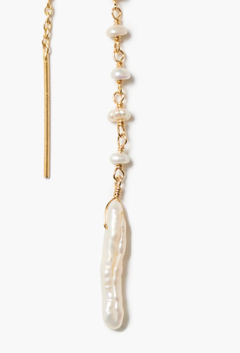 GOLD THREAD THRU EARRINGS IN WHITE PEARL