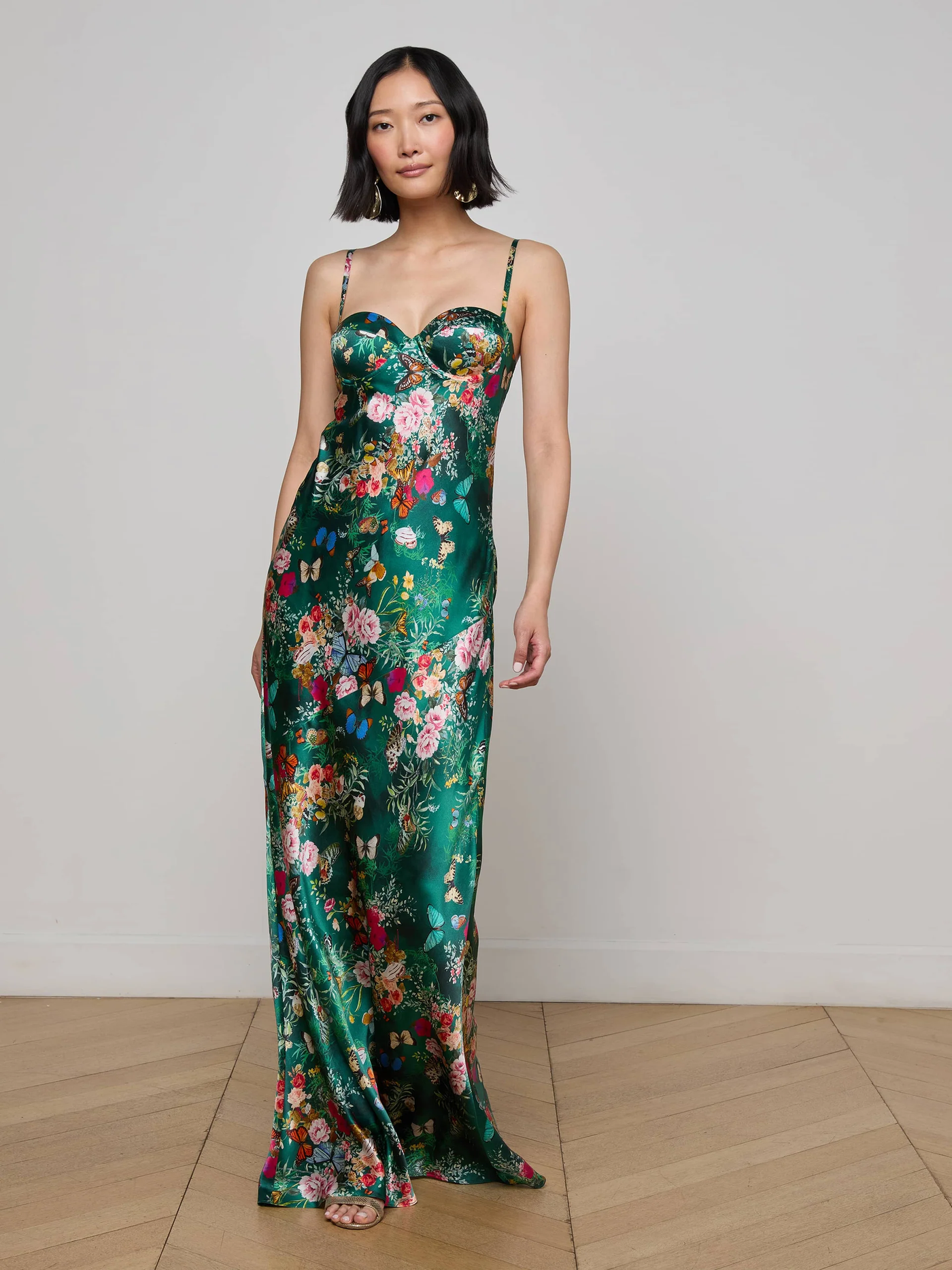 SAYLA SILK GOWN IN BOTTLE GREEN MULTI CHARONDA BUTTERFLY