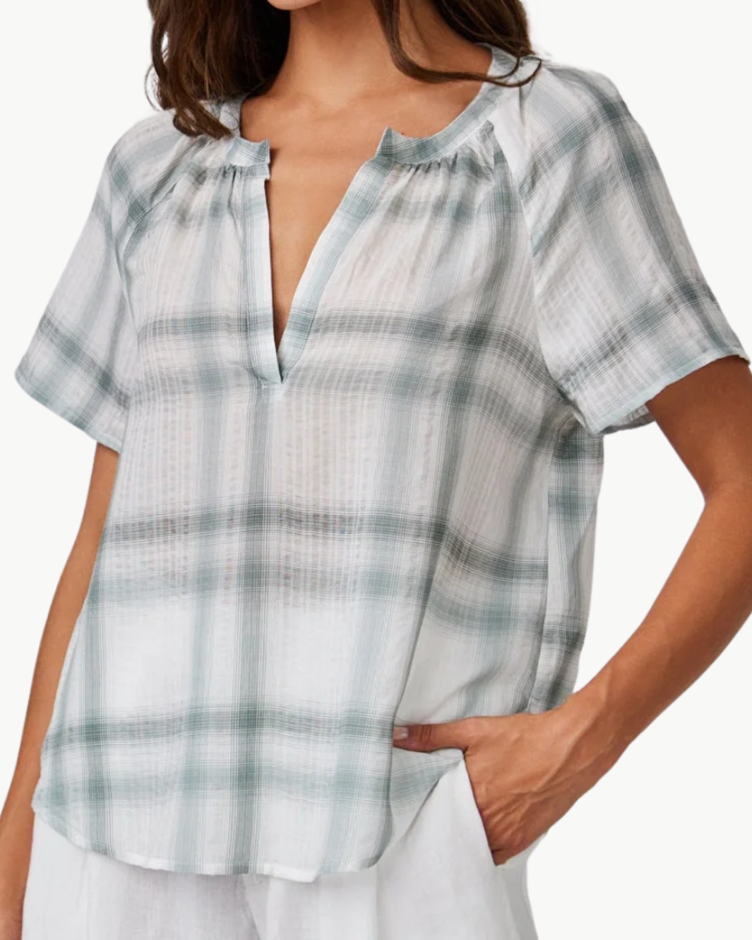 RAGLAN CAP SLEEVE PULLOVER IN SAGE SHADOW PLAID