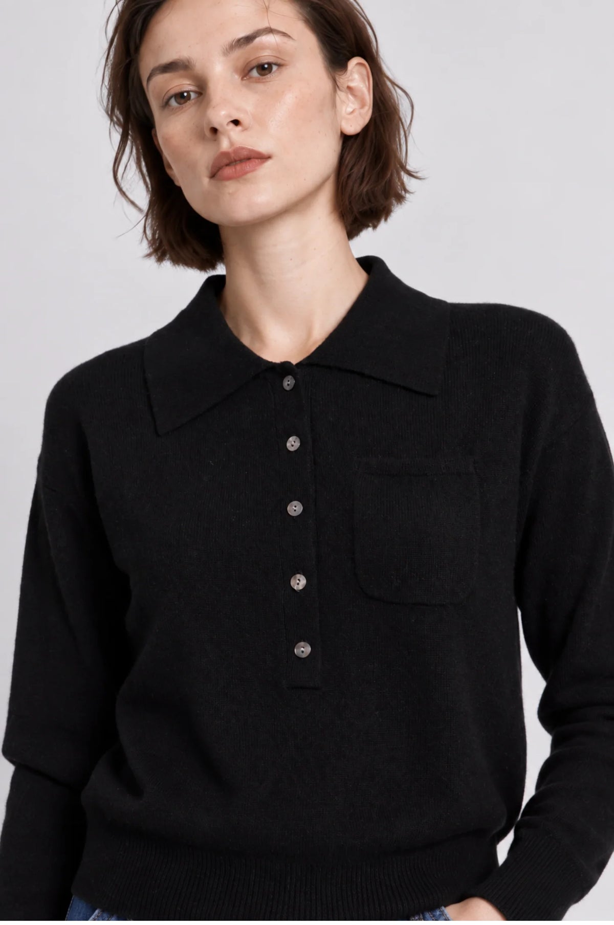 Minnie Rose Cashmere Henley Polo with Pocket at Romi Boutique