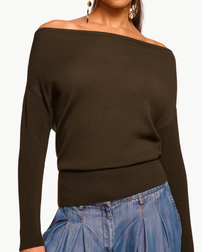 CHANCE MERINO OFF-THE-SHOULDER SWEATER IN DEEP OLIVE
