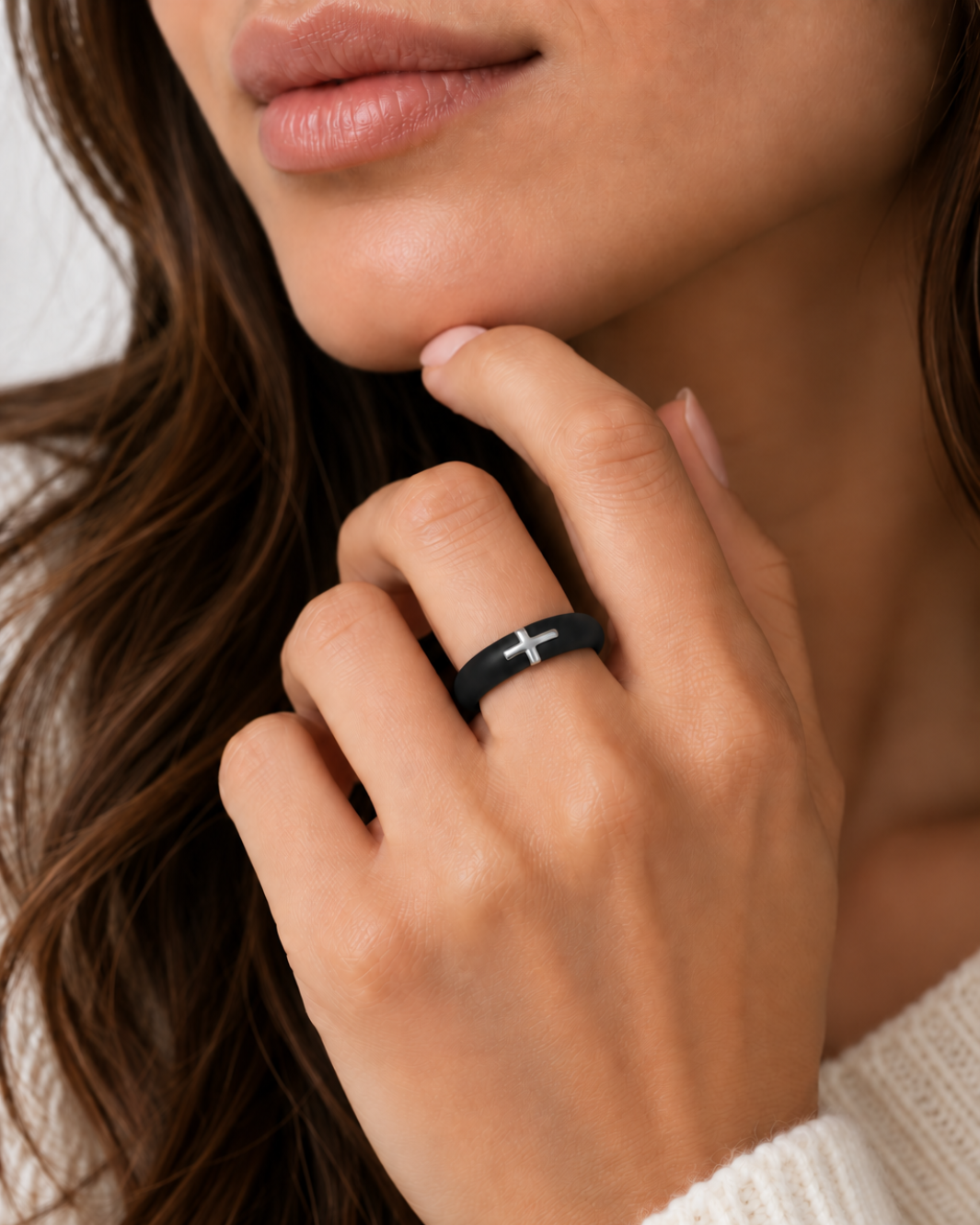 Sterling Silver Sideways Cross Silicone Ring