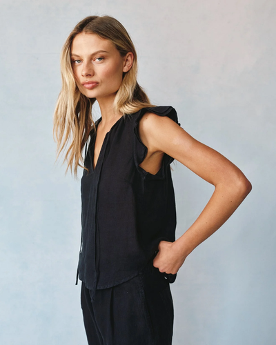 RUFFLE SLEEVE TIE NECK TOP IN BLACK