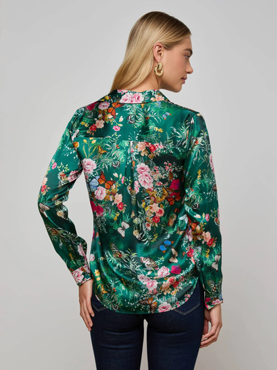 TYLER SILK BLOUSE IN BOTTLE GREEN MULTI CHARONDA BUTTERFLY - Romi Boutique
