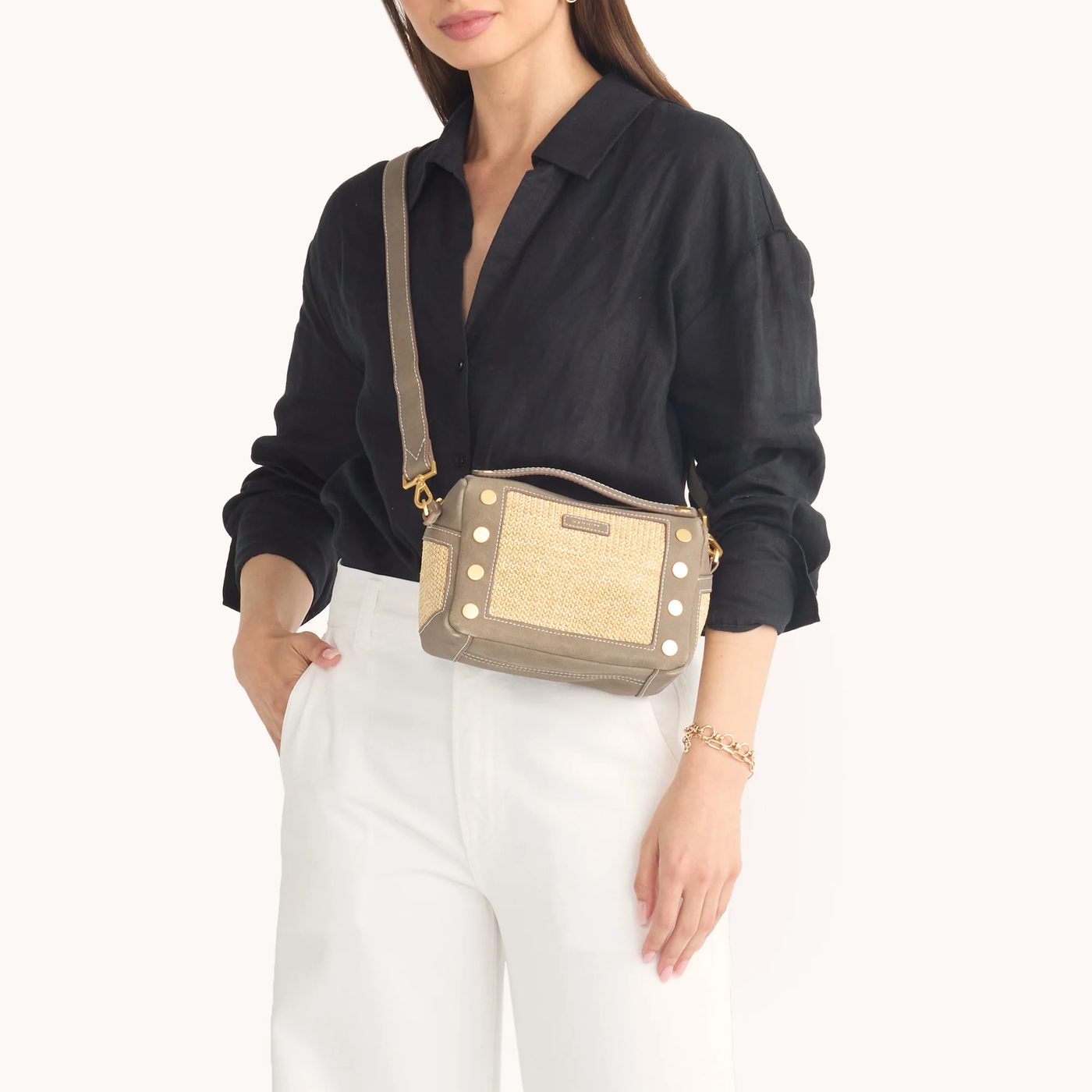 EVAN CROSSBODY SMALL IN PEWTER RAFFIA/BRUSHED GOLD