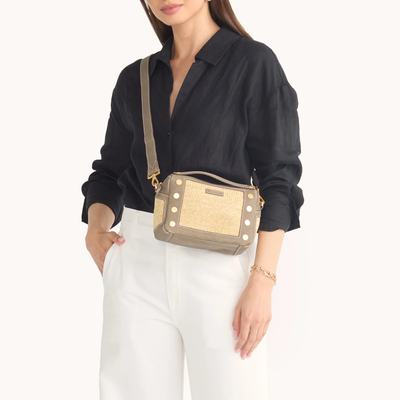 EVAN CROSSBODY SMALL IN PEWTER RAFFIA/BRUSHED GOLD