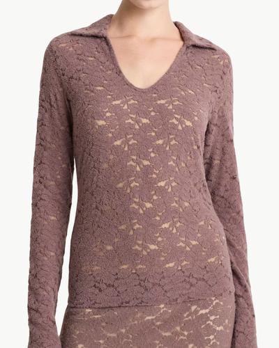 LACE LONG SLEEVE POLO TOP IN SMOKY BERRY