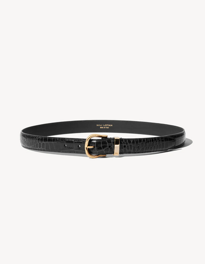 LOUISE BELT IN BLACK CROC W/ BRASS BUCKLE