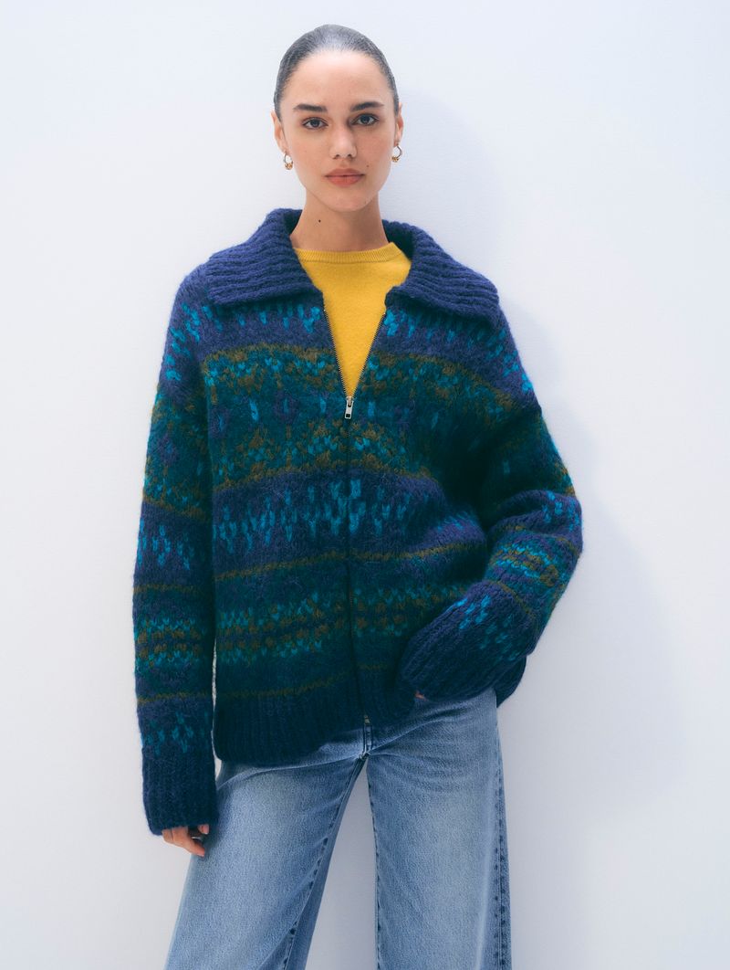 ALPACA BLEND FAIR ISLE BOMBER IN TEAL COMBO - Romi Boutique
