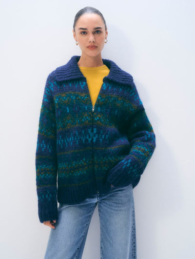 ALPACA BLEND FAIR ISLE BOMBER IN TEAL COMBO - Romi Boutique