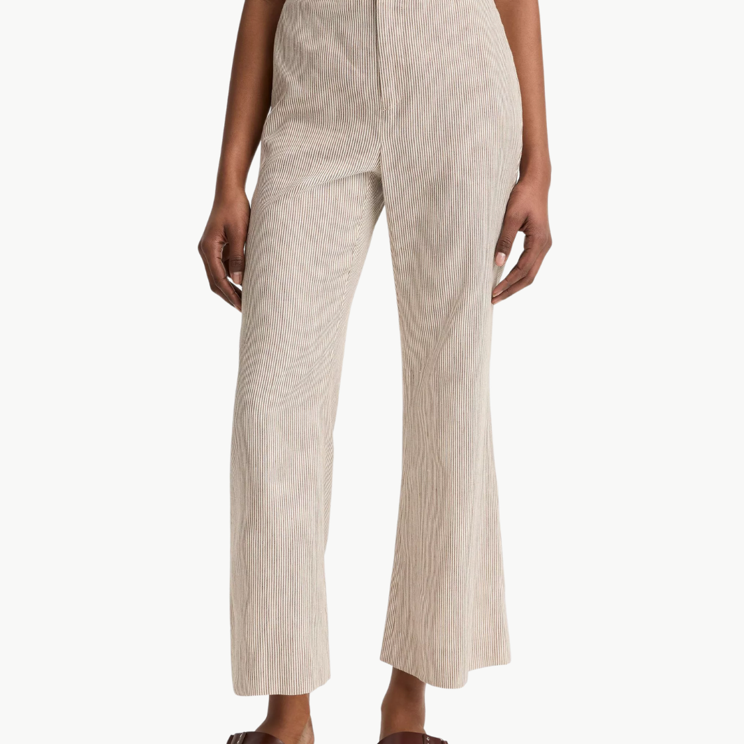 Vince Ticking Stripe Linen-Cotton Low-Rise Crop Flare Trouser at Romi Boutique