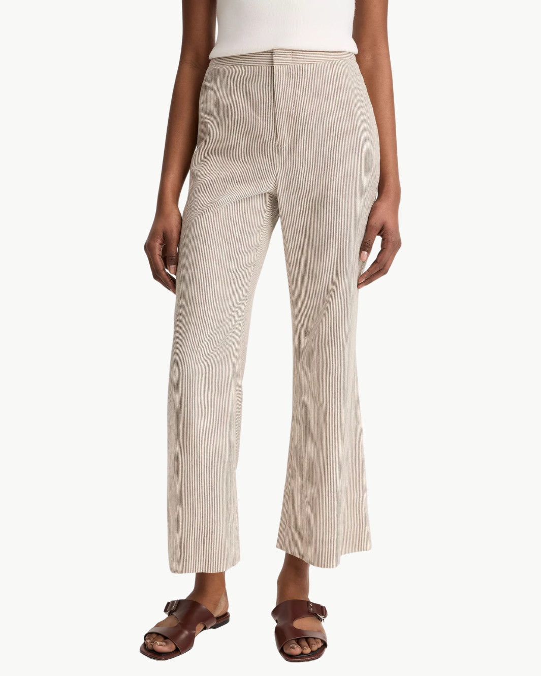Vince Ticking Stripe Linen-Cotton Low-Rise Crop Flare Trouser at Romi Boutique