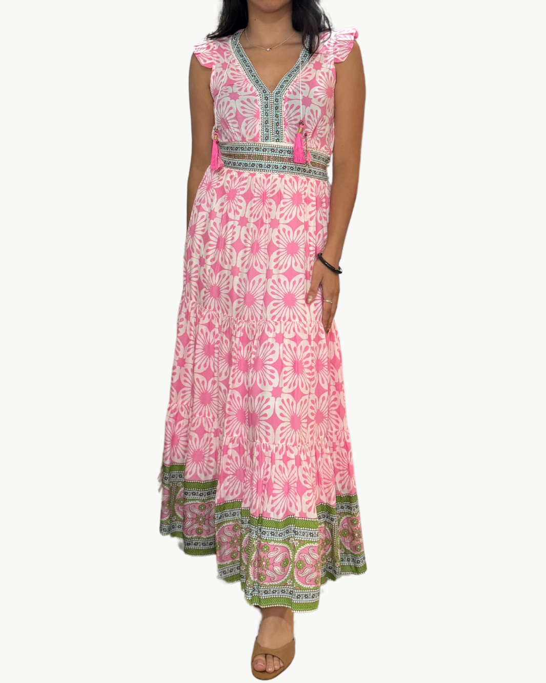 ANNABELLE MAXI IN PINK GREEN PRINT - Romi Boutique