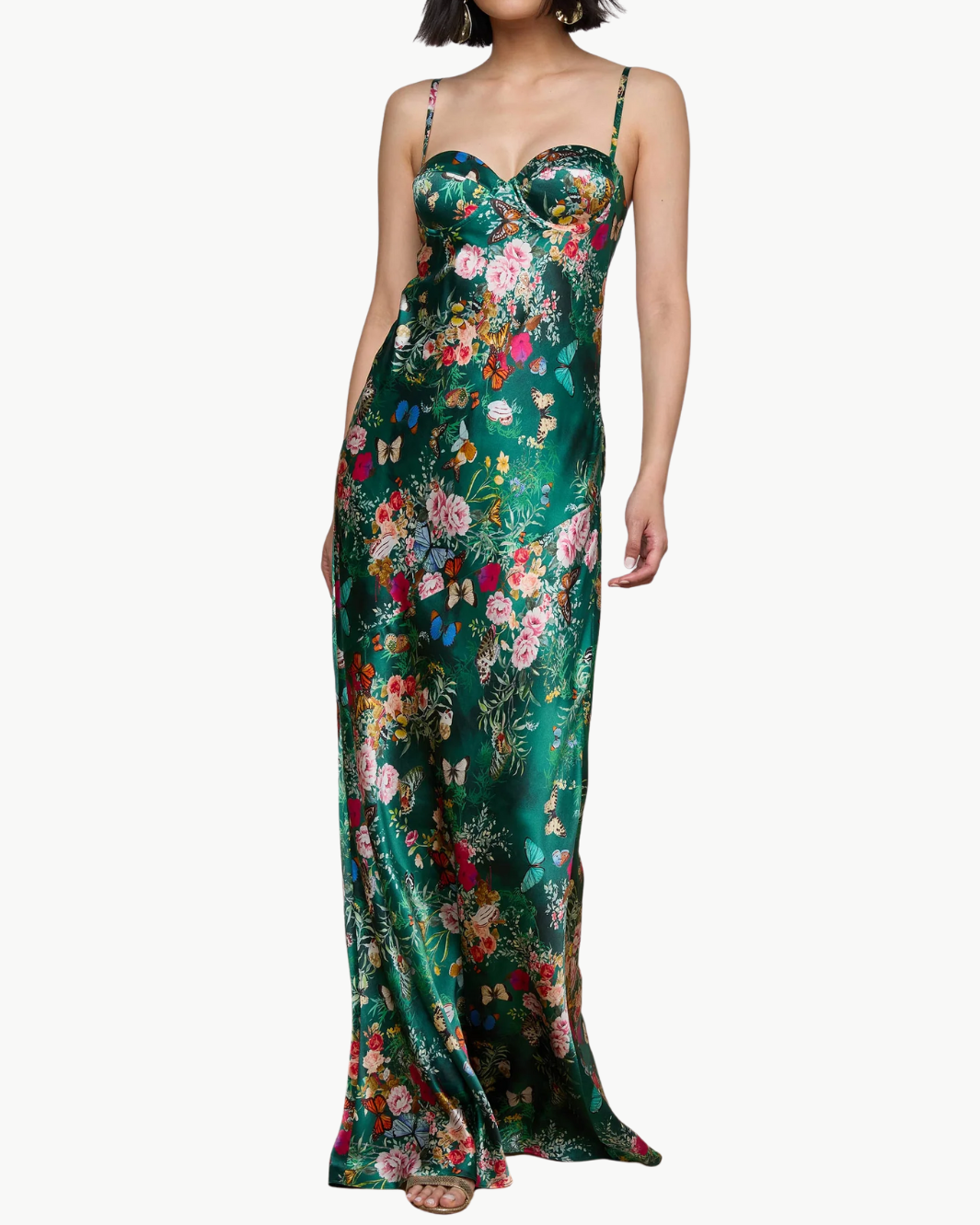 SAYLA SILK GOWN IN BOTTLE GREEN MULTI CHARONDA BUTTERFLY