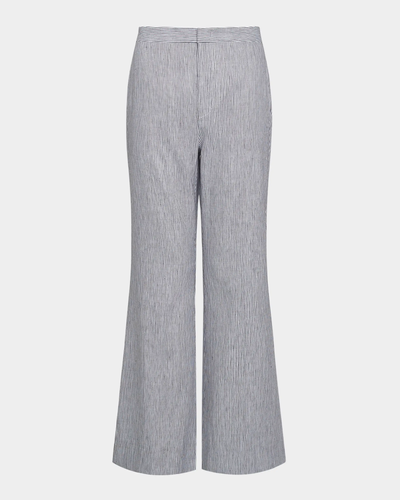 TICKING STRIPED CROP FLARE TROUSER IN IRIS SLATE/ OFF WHITE