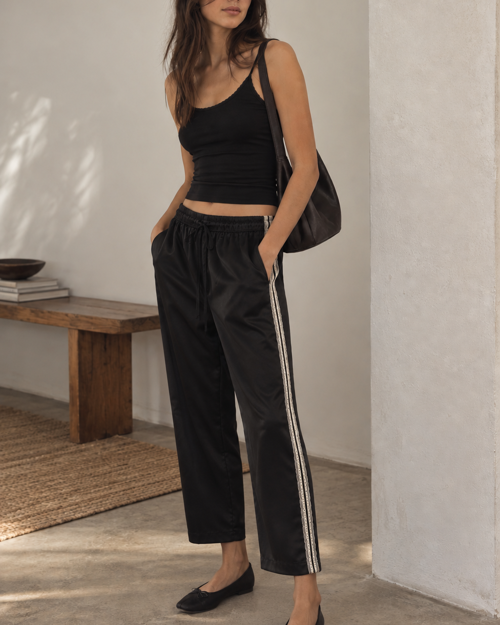 DONNI. The Silk Lace Stripe Crop Pant at Romi Boutique