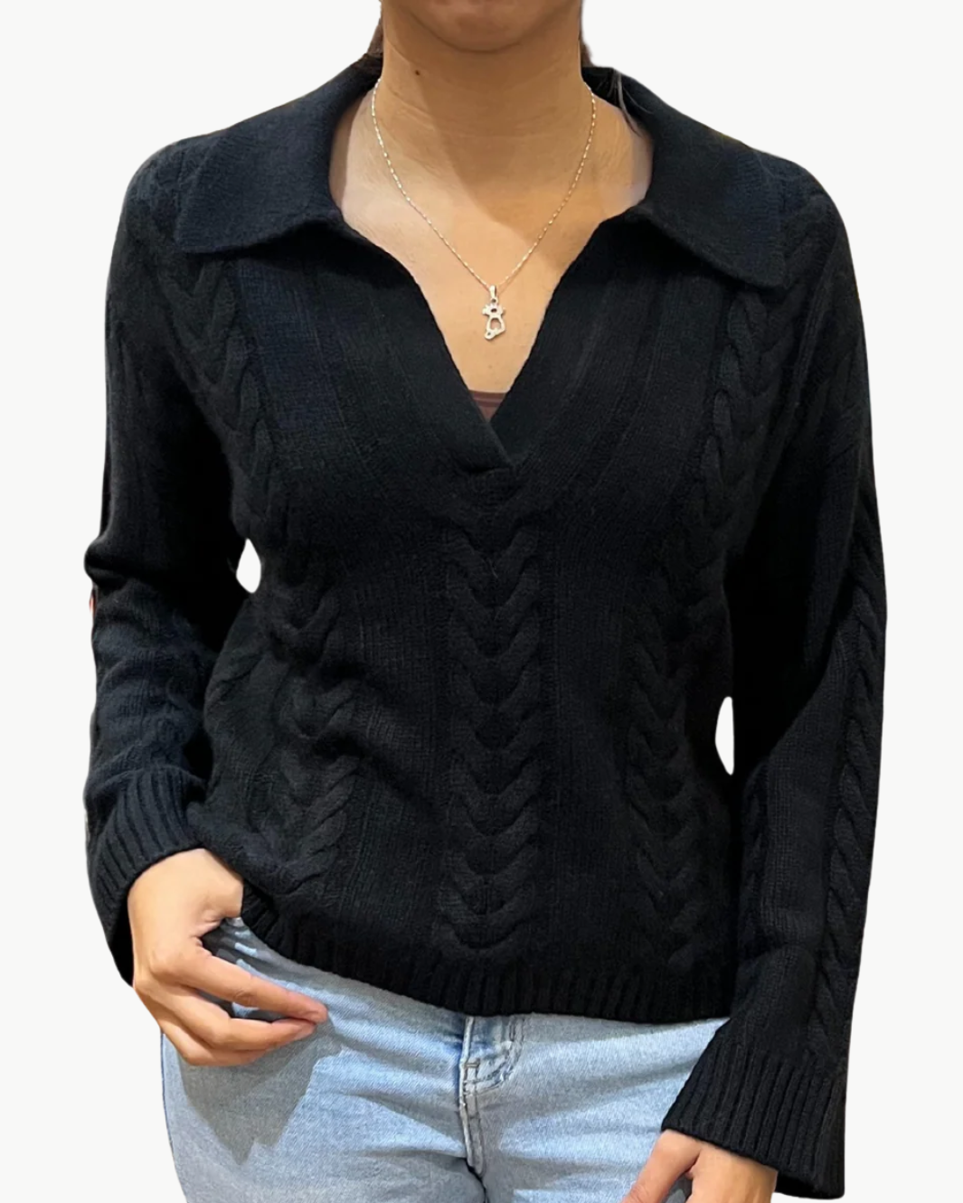 DEAN CABLE KNIT POLO PULLOVER IN BLACK