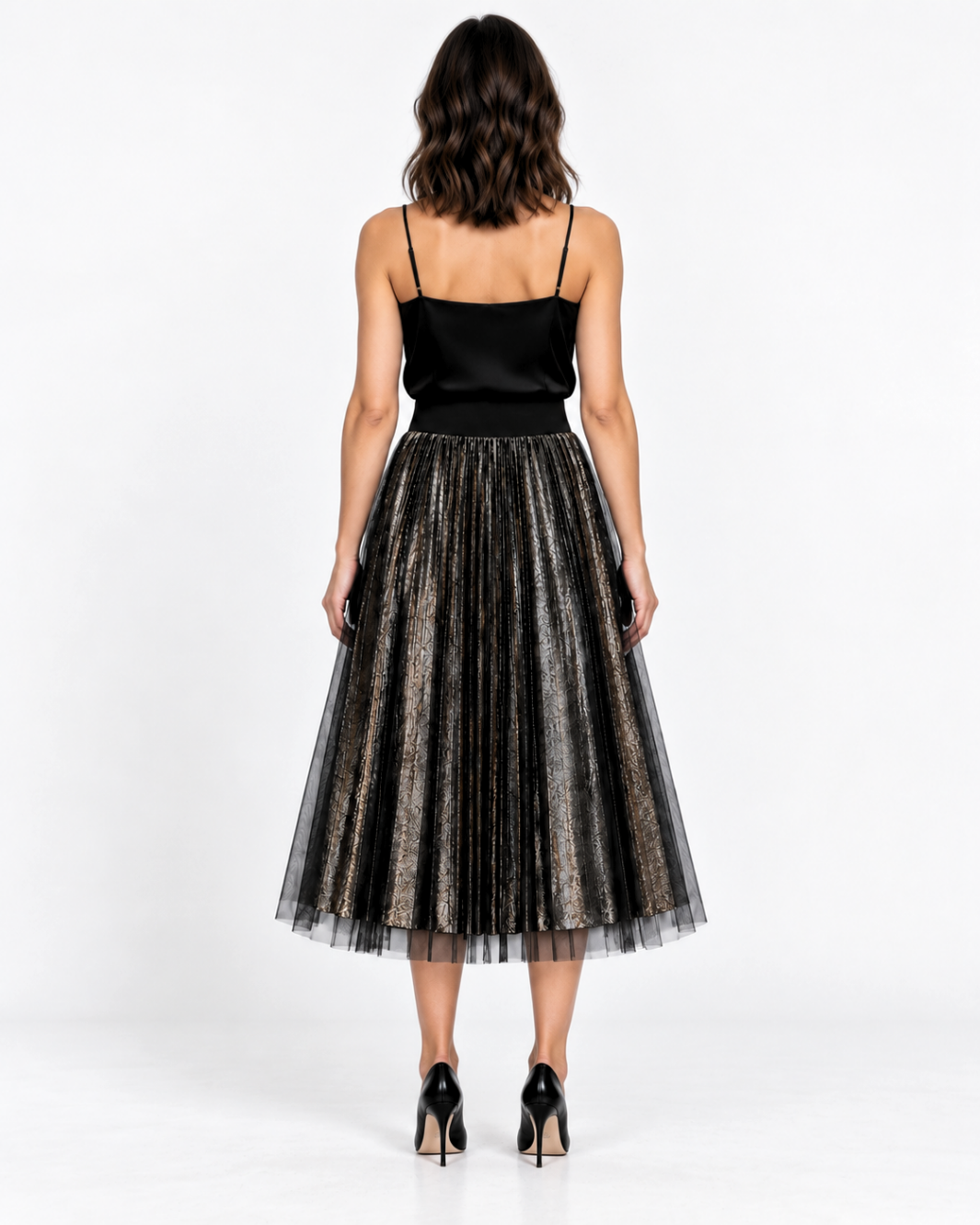 Metallic Pleat Knee Length Skirt