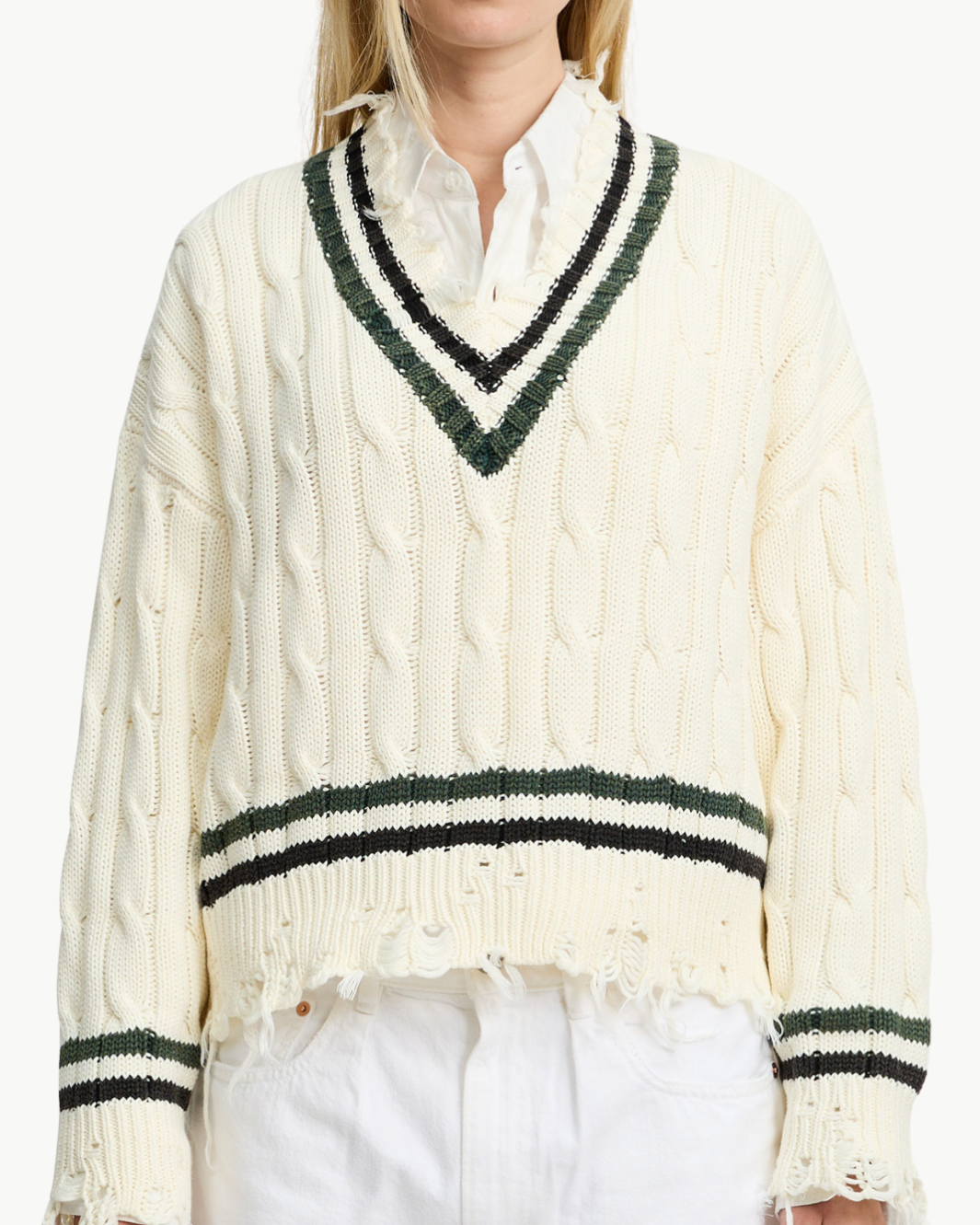 OVERSIZED CABLE TENNIS SWEATER IN CREAM/ BLACK GREEN STRIPES - Romi Boutique