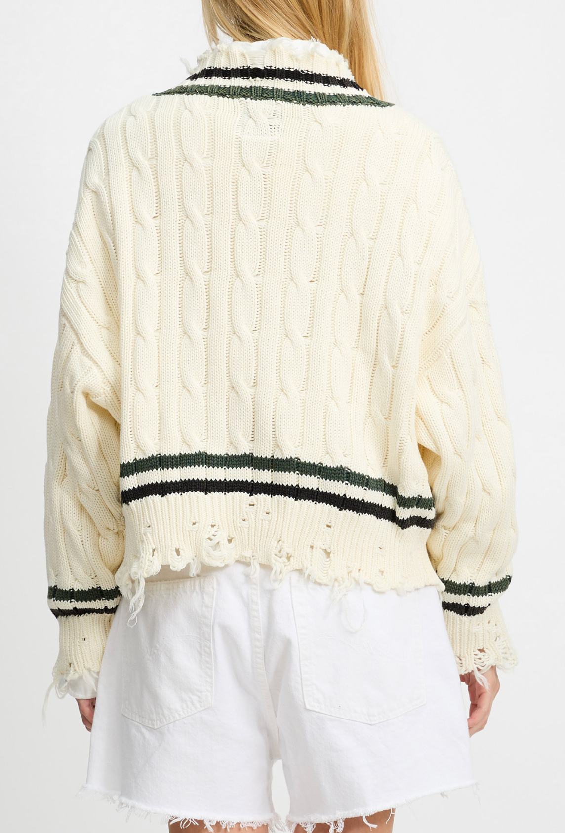 OVERSIZED CABLE TENNIS SWEATER IN CREAM/ BLACK GREEN STRIPES - Romi Boutique