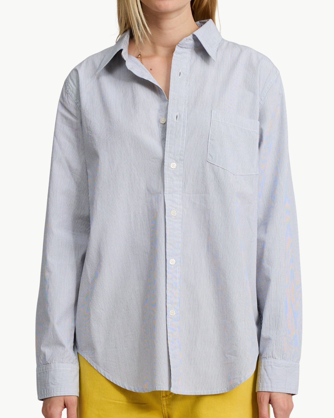 BOYFRIEND SHIRT IN ECRU WHITE NAVY PINSTRIPE - Romi Boutique