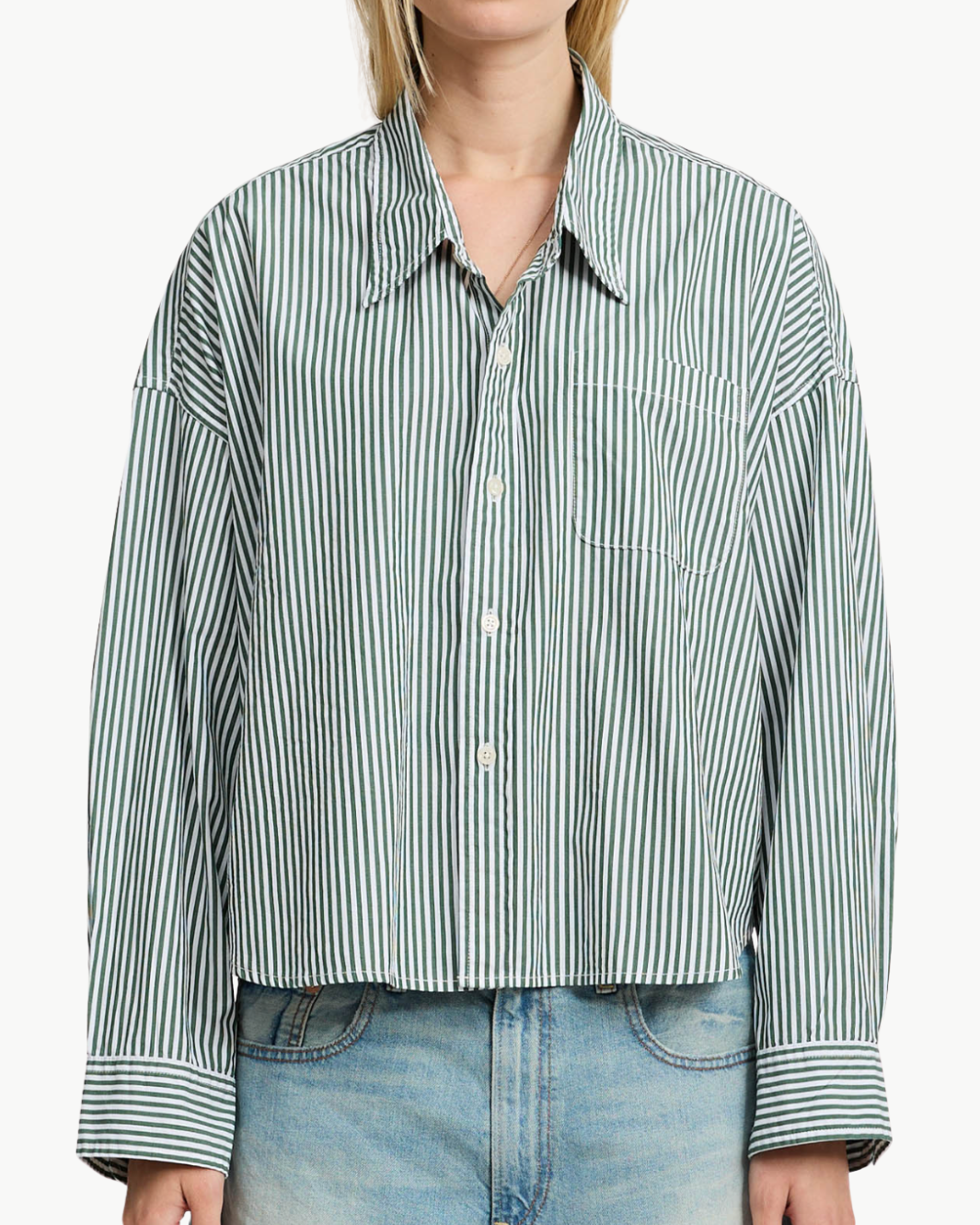 CROPPED SHIRT IN GREEN STRIPE - Romi Boutique