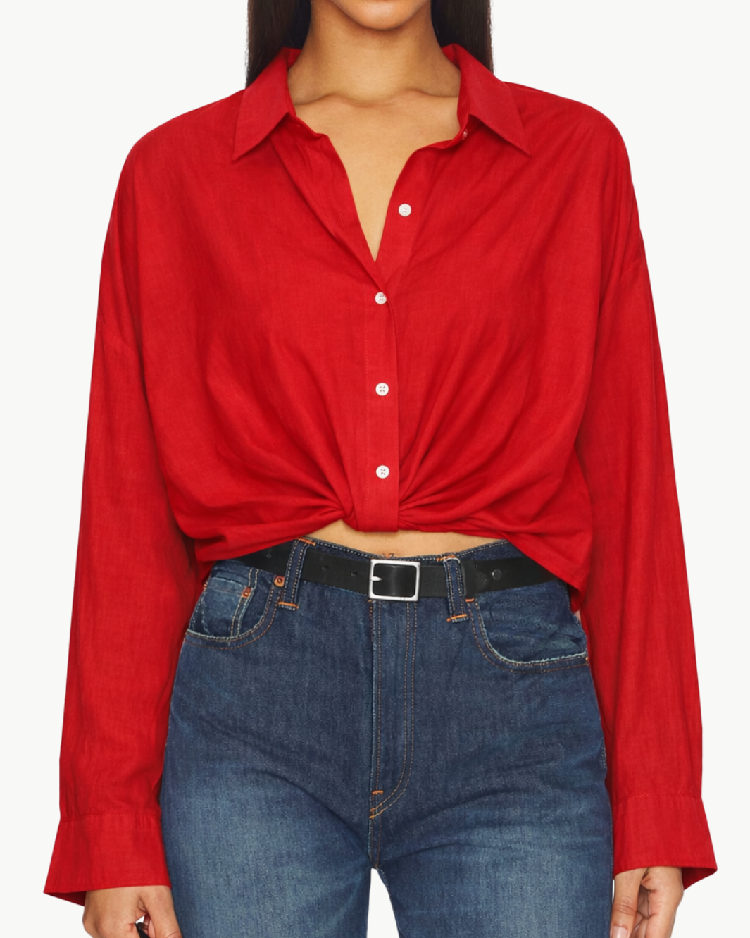SLIM TWISTED FRONT SHIRT IN RED by Denimist - Romi Boutique