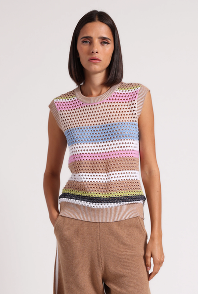 COTTON CASHMERE MESH MUSCLE TANK IN CAMEL MULTI STRIPE