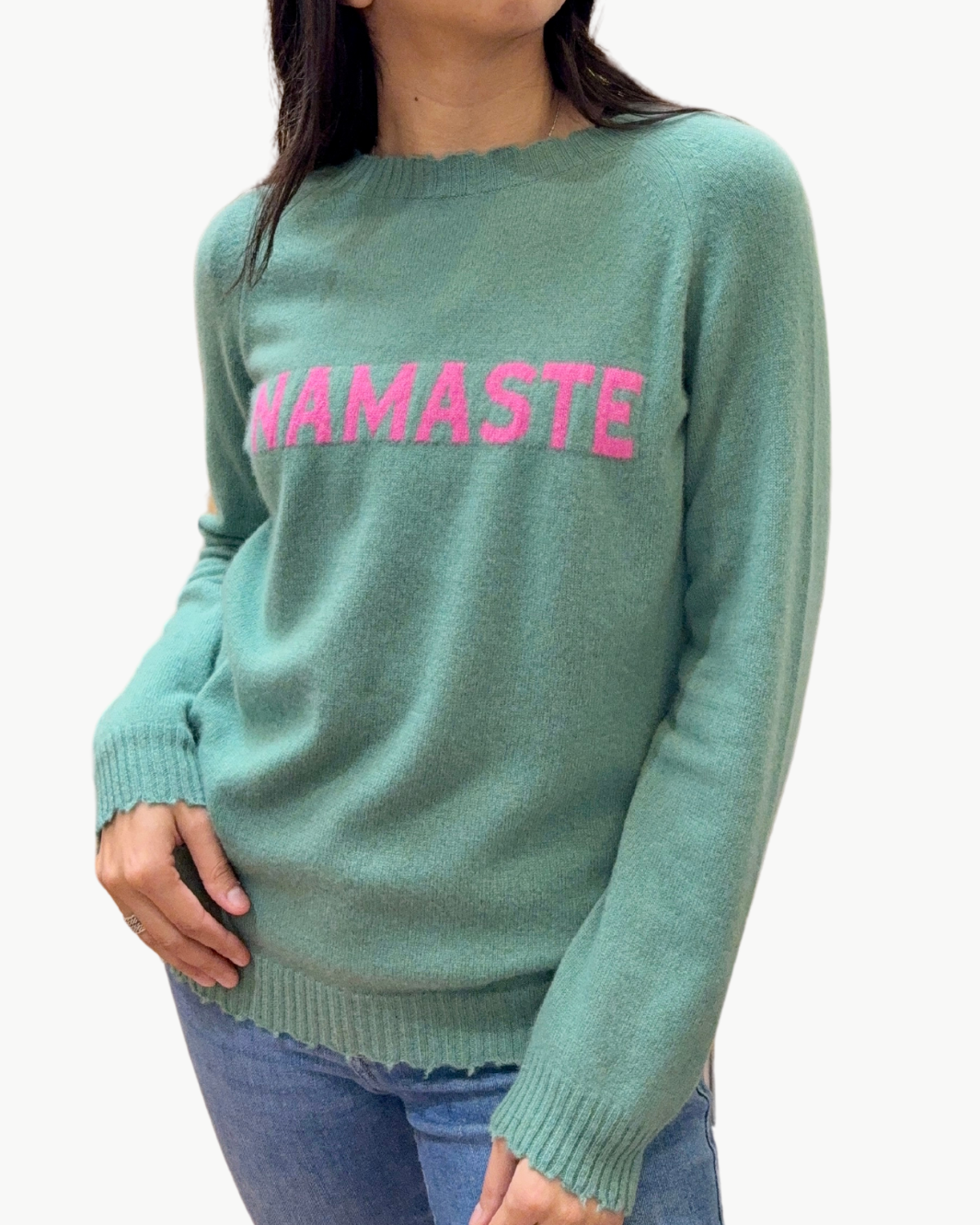 CUSTOM FRAYED CREW "NAMASTE" IN JADE/RIBBON