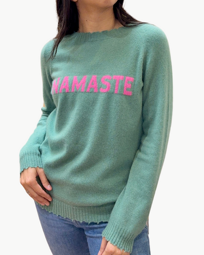 CUSTOM FRAYED CREW "NAMASTE" IN JADE/RIBBON