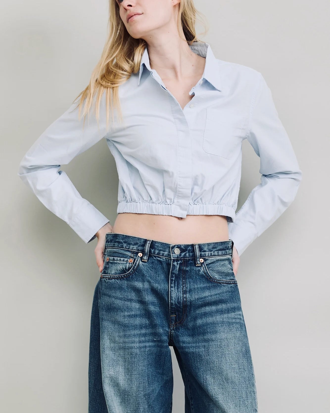 Cropped Elastic Waist Shirt