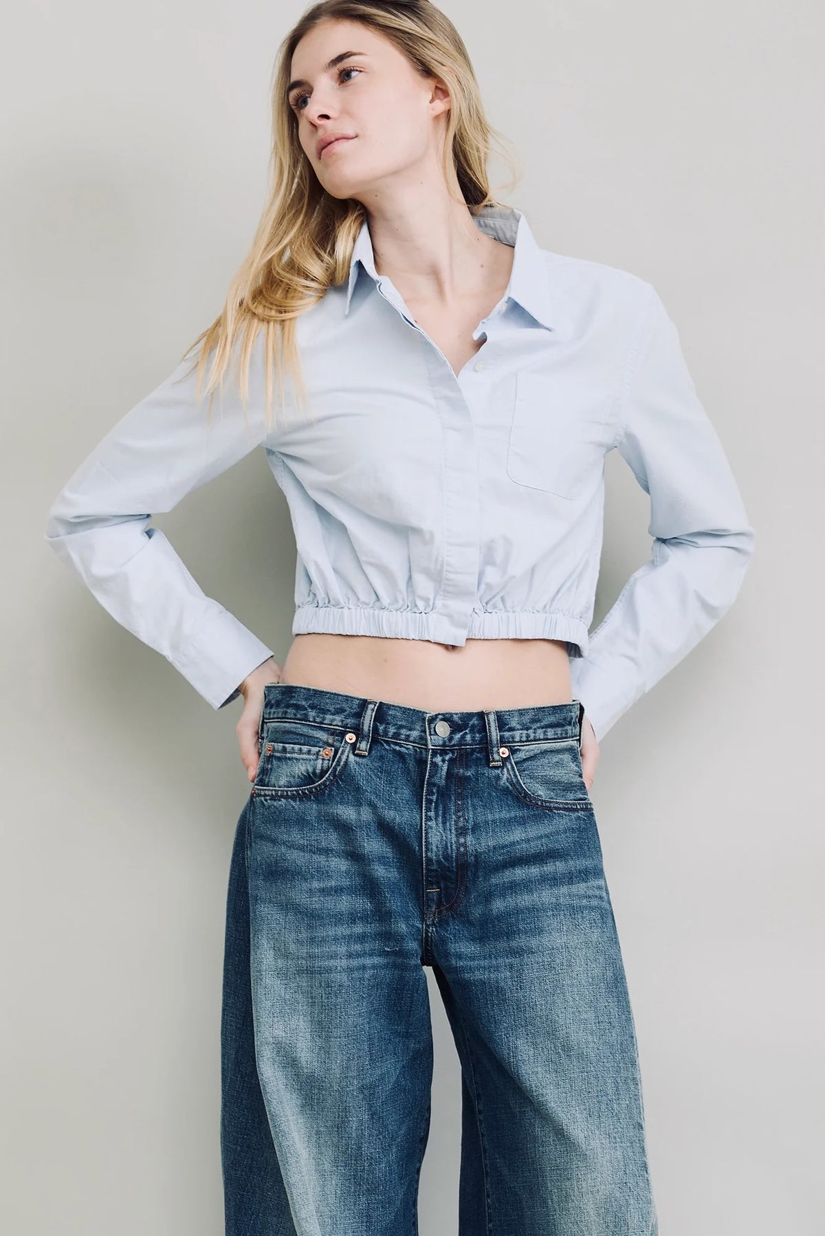 Cropped Elastic Waist Shirt